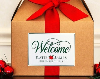 4X5" Large Christmas Wedding Welcome Bag Stickers - Winter Wedding Welcome Gift Box Labels  - Poinsettia Welcome to Our Wedding Stickers