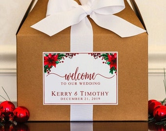 4X5" Large Christmas Wedding Welcome Box Stickers - Winter Wedding Welcome Gift Bag Labels  - Poinsettia Welcome to Our Wedding Stickers