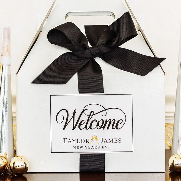 4X5" Large New Years Eve Wedding Welcome Bag Stickers - NYE Wedding Hotel Gift Bag Labels for Guests - Black Tie Wedding Favor Box Stickers