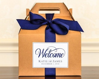 ASSEMBLED Personalized Wedding Welcome Boxes for Hotel Guests - Custom Gable Boxes, Ribbon & Labels - we assemble!