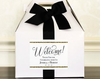 Gold Glitter Wedding Welcome Boxes for Hotel Guests - Gable Boxes, Ribbon & Labels - we assemble!