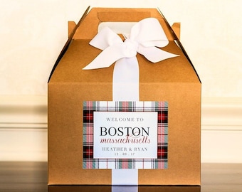 Christmas Wedding Welcome Boxes for Hotel Guests - Tartan Winter Wedding Gable Boxes - we assemble!