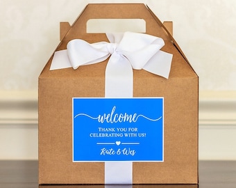 Personalized Wedding Welcome Box Sets for Hotel Guests - Out of Town Guest Gifts - Large Gable Boxes, Ribbon & Labels - we assemble!