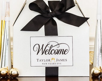 4X5" Large New Years Eve Wedding Welcome Bag Stickers - NYE Wedding Hotel Gift Bag Labels for Guests - Black Tie Wedding Favor Box Stickers