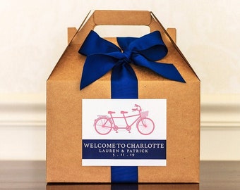 Tandem Bike Wedding Welcome Boxes - Hotel Welcome Boxes for Wedding Guests - Gable Boxes, Ribbon & Labels - we assemble!