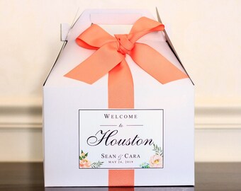 Floral Wedding Welcome Boxes - Personalized Hotel Welcome Boxes for Wedding Guests - Gable Boxes, Ribbon & Labels - we assemble!