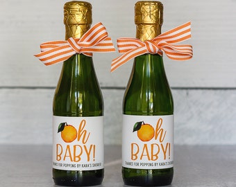 A Little Cutie is on the Way Baby Shower Favors for Guests - Clementine Baby Shower Mini Champagne Labels - Orange Mini Wine Bottle Labels