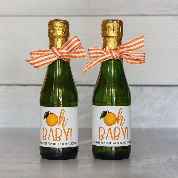 A Little Cutie is on the Way Baby Shower Favors for Guests - Clementine Baby Shower Mini Champagne Labels - Orange Mini Wine Bottle Labels