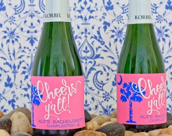 Charleston Bachelorette Party Mini Champagne Bottle Labels - Charleston SC Wedding Favor - Palmetto Tree - Cheers Y'all Mini Wine Labels