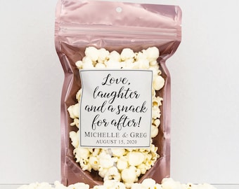 Wedding Favors for Guests - Wedding Candy, Popcorn, Treat Bags - Love Laughter and a Snack for After // Stand Up Zip Pouch Bags with Labels