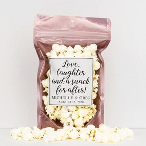 Wedding Favors for Guests - Wedding Candy, Popcorn, Treat Bags - Love Laughter and a Snack for After // Stand Up Zip Pouch Bags with Labels