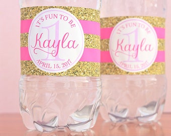 First Birthday Water Bottle Labels - 1st Birthday Party Favors - Fun to Be One Birthday Girl Decorations - Pink & Gold Kids Birthday Favors
