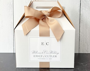 Initials Wedding Welcome Boxes - Hotel Welcome Box Gifts for Wedding Guests - Gable Boxes, Ribbon & Labels - we assemble!