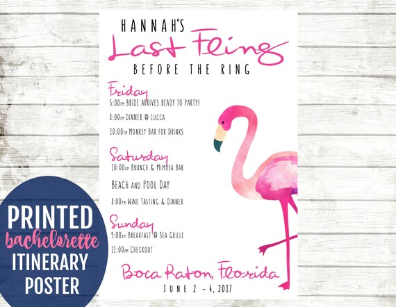 flamingo bachelorette party itinerary poster personalized etsy
