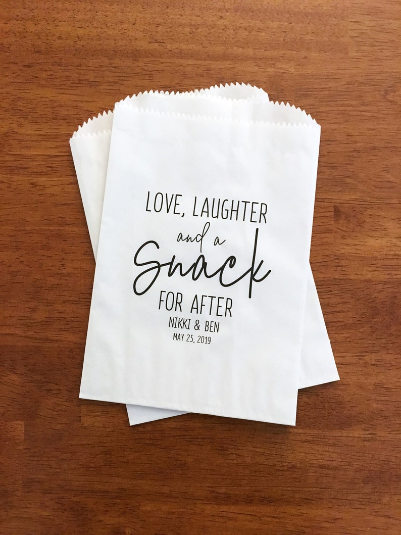 LINED Wedding Favor Bags for Guests Wedding Cookie Bags, Candy Bags, Dessert Bags, Donut Bags Love Laughter and a Snack for After Bags image 2