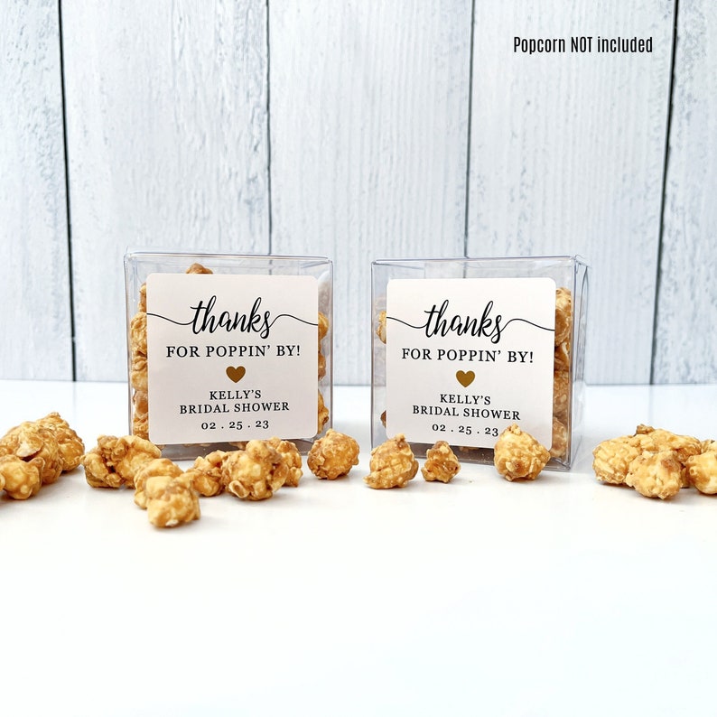 Party Favor Popcorn Boxes Wedding, Bridal, Baby Shower Thanks for Popping By Favors for Guests // 3 Cubes & Stickers, Food NOT Included image 1