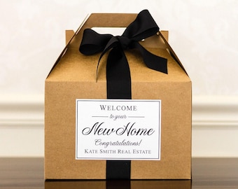 Real Estate Gift Boxes - Realtor Closing Gift for Clients - Personalized Agent Closing Gifts - Gable Boxes, Ribbon & Labels - we assemble!