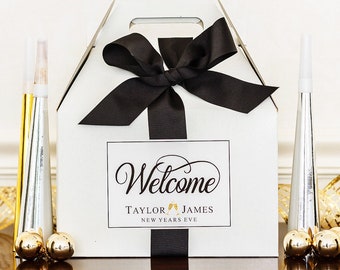 New Years Eve Wedding Welcome Boxes - NYE Wedding Hotel Boxes - Black Tie Wedding - Gable Boxes, Ribbon & Labels - we assemble!