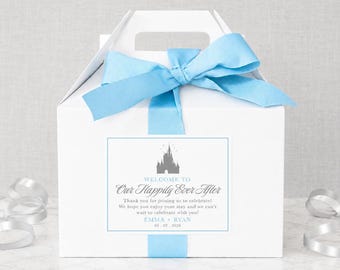Castle Wedding Welcome Boxes - Welcome to Our Happily Ever After - Gable Boxes, Ribbon & Labels - we assemble!