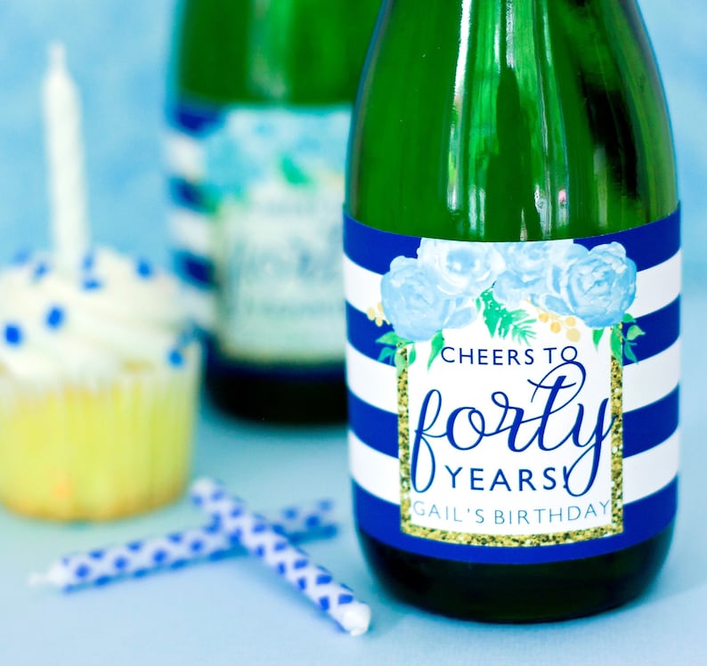 40th 60th Floral Birthday Party Favors 70th Birthday Mini Wine Labels 30th 50th Birthday Decorations Birthday Mini Champagne Labels