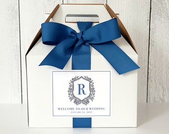 Large Wedding Crest Welcome Boxes - Welcome Boxes for Wedding Guests - Hotel Favor Boxes - Gable Boxes, Ribbon & Labels -- we assemble!