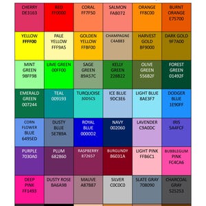 May include: A chart of ink colors with hexadecimal color codes. The chart includes colors like cherry, red, coral, salmon, orange, burnt orange, yellow, pale yellow, golden yellow, champagne, harvest gold, dark gold, mint green, lime green, sage green, kelly green, olive green, forest green, emerald green, teal, turquoise, ice blue, light blue, dodger blue, cornflower blue, dusty blue, royal blue, navy, lavender, iris, purple, plum, raspberry, burgundy, light pink, bubblegum pink, deep pink, dusty rose, mauve, silver, slate gray, charcoal gray, dark gray, black, khaki, bronze, copper, and chocolate brown.