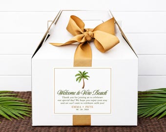Palm Tree Wedding Welcome Boxes - Gable Boxes, Ribbon & Labels - we assemble!
