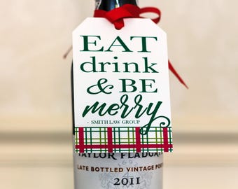 PRINTED Personalized Christmas Bottle Tags & Ribbon - Eat Drink and Be Merry