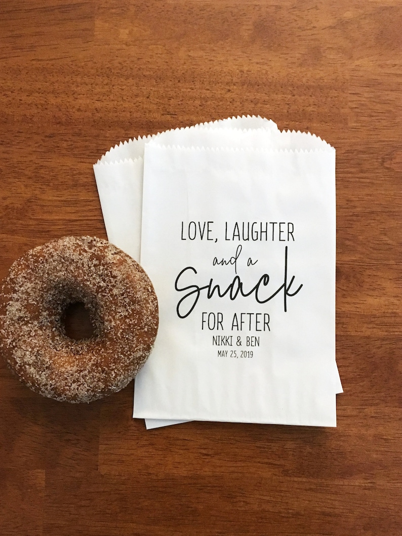 LINED Wedding Favor Bags for Guests Wedding Cookie Bags, Candy Bags, Dessert Bags, Donut Bags Love Laughter and a Snack for After Bags image 5