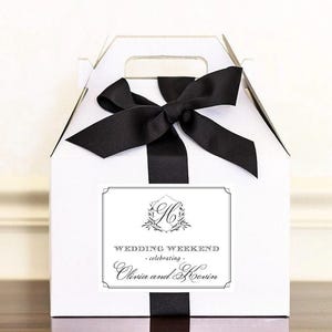 ASSEMBLED Wedding Weekend Welcome Boxes - Hotel Welcome Box Gifts for Wedding Guests - Gable Boxes, Ribbon & Labels