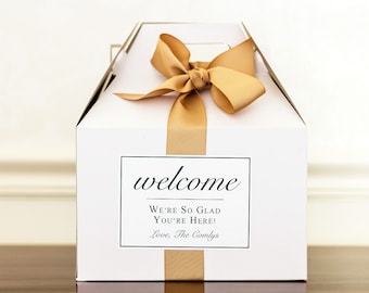 Personalized Wedding Welcome Boxes - Hotel Welcome Boxes for Wedding Guests - Gable Boxes, Ribbon & Labels - we assemble!