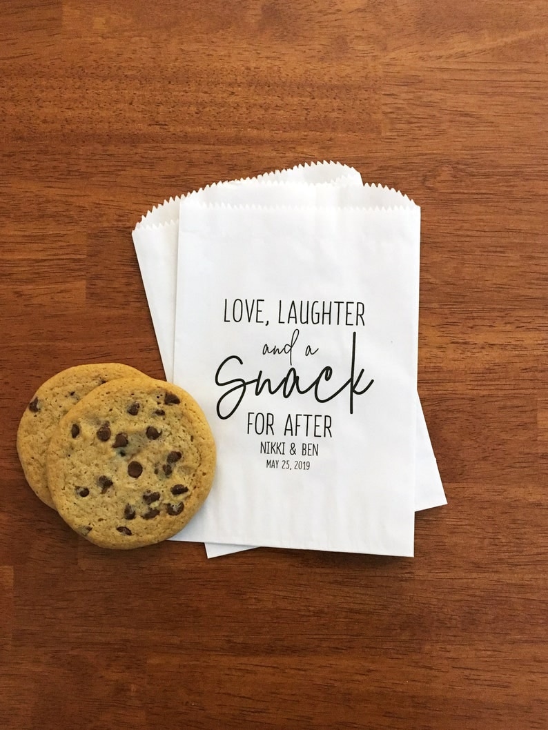 LINED Wedding Favor Bags for Guests Wedding Cookie Bags, Candy Bags, Dessert Bags, Donut Bags Love Laughter and a Snack for After Bags image 1