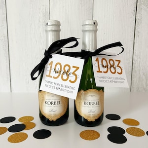 PRINTED TAGS & RIBBON Adult Birthday Party Favors for Guest - Birth Year Decorations - 40th 50th 60th 75th 80th Mini Champagne Bottle Tags