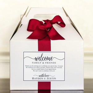Wedding Welcome Boxes with Personalized Welcome Note - Hotel Welcome Boxes for Wedding Guests - Gable Boxes, Ribbon & Labels - we assemble!