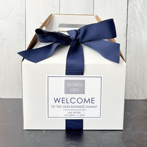 Corporate Event Welcome Gift Boxes with Logo - Conference Lunch Gable Boxes  - Large Gable Boxes, Ribbon & Labels - we assemble!