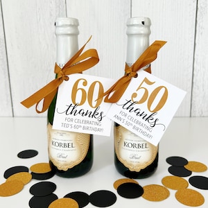 Birthday Party Favor TAGS AND RIBBON - Adult Birthday & Anniversary Party Favors - 30th, 40th, 50th, 60th, 70th Mini Champagne Bottle Tags