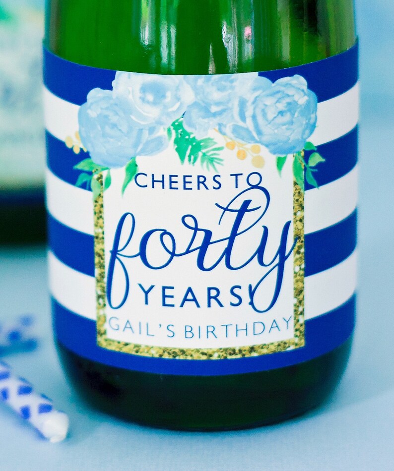 40th 60th Floral Birthday Party Favors 70th Birthday Mini Wine Labels 30th 50th Birthday Decorations Birthday Mini Champagne Labels