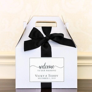 Custom Wedding Welcome Boxes - Hotel Welcome Boxes for Wedding Guests - Gable Boxes, Ribbon & Labels - we assemble!
