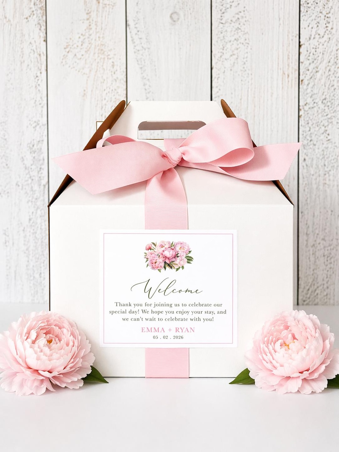 Peony Wedding Welcome Boxes for Hotel Guests - Gable Boxes, Ribbon ...