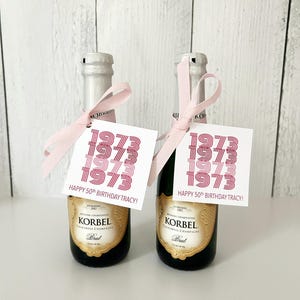 PRINTED TAGS & RIBBON Birthday Party Favor - Adult Birthday Party Favors for Guest - 30th, 40th, 50th, 60th, 70th Mini Champagne Bottle Tags