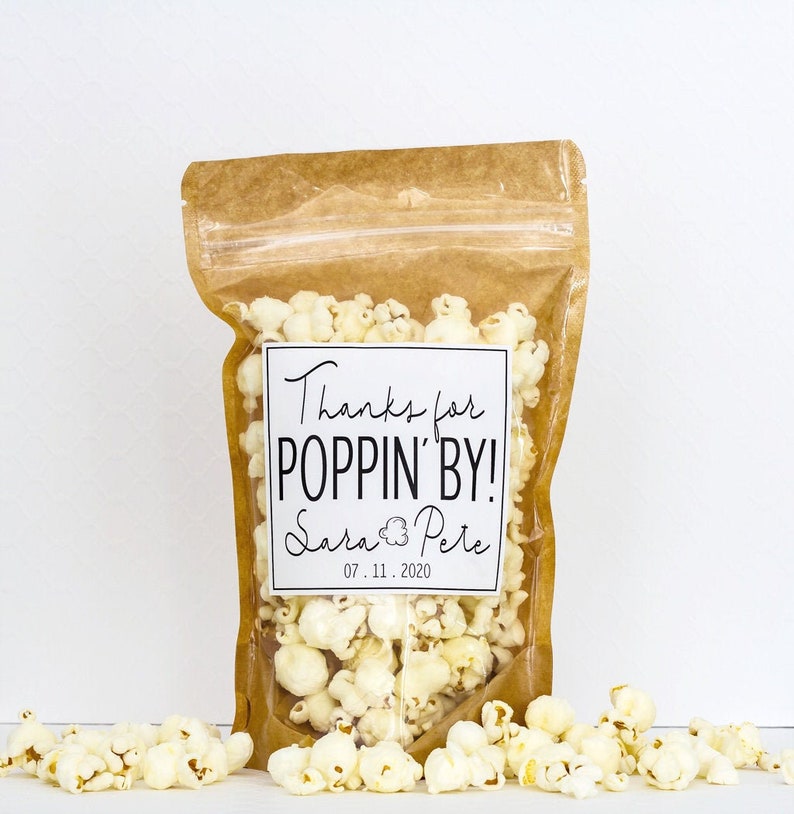 Wedding Popcorn Bags Thanks for Popping In Bags Popcorn Bar Bags Wedding Favors for Guests // Stand Up Zip Pouch Bags with Labels image 1