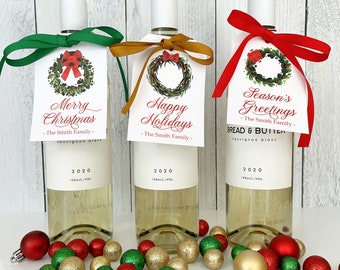 PRINTED Christmas Wine Tags & Ribbon - Holiday Wine Bottle Tags - Gift Tags for Bottle - Office Christmas Gift - Champagne Hostess Gift Tags