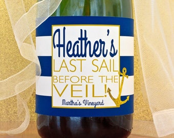 Last Sail Before the Veil Champagne Label. Nautical Bachelorette Party Favors. Navy Stripe Anchor Bottle Labels. Custom Bridal Party Favors