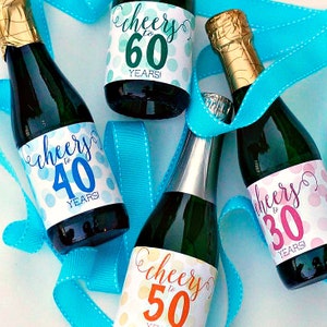Custom Birthday Mini Champagne Labels - Cheers to 30 Years, Cheers to 40 Years Mini Wine Bottle Labels - 30th & 40th Birthday Party Favors