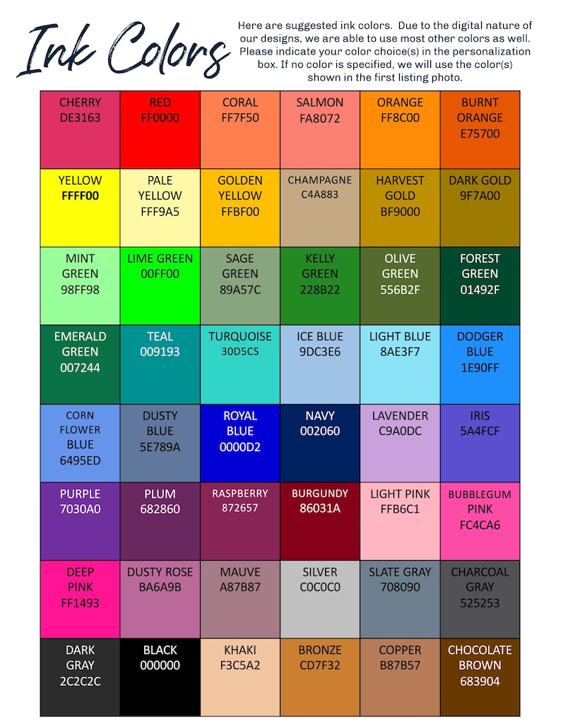 K&ouml;nnte beinhalten: Eine Tabelle mit Tintenfarben und ihren hexadezimalen Farbcodes. Die Tabelle enth&auml;lt Farben wie Kirsche, Rot, Koralle, Lachs, Orange, gebranntes Orange, Gelb, Hellgelb, Goldgelb, Champagner, Erntegold, Dunkelgold, Minzgr&uuml;n, Limettengr&uuml;n, Salbeigr&uuml;n, Kellygr&uuml;n, Olivgr&uuml;n, Waldgr&uuml;n, Smaragdgr&uuml;n, T&uuml;rkis, T&uuml;rkis, Eisblau, Hellblau, Azurblau, Kornblumenblau, Staubblau, K&ouml;nigsblau, Marineblau, Lavendel, Iris, Lila, Pflaume, Himbeere, Burgunderrot, Hellrosa, Kaugummirosa, Dunkelrosa, Altrosa, Mauve, Silber, Schiefergrau, Anthrazitgrau, Dunkelgrau, Schwarz, Khaki, Bronze, Kupfer und Schokoladenbraun.