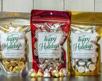 Happy Holidays Candy Bags - Christmas Treat Bags - Party Favor Bags - Holiday Goodie, Popcorn, Nut Gift Bags // Stand Up Zip Pouch Bags