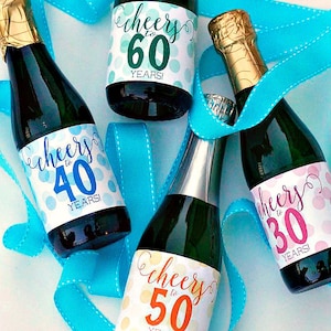 Birthday Mini Champagne Label - Cheers to 60 Years Mini Wine Label - 50th & 60th Birthday Party Decoration - Cheers to 50 Years Bottle Label