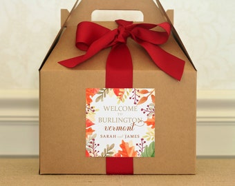 Fall Wedding Welcome Boxes - Autumn Welcome Boxes for Hotel Wedding Guests - Gable Boxes, Ribbon & Labels - we assemble!