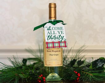 PRINTED Personalized Tartan Christmas Wine Tags & Ribbon