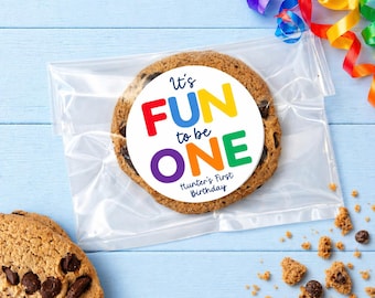 PRINTED 1st Birthday Party Favor Stickers - Personalized Fun to Be ONE Round Labels